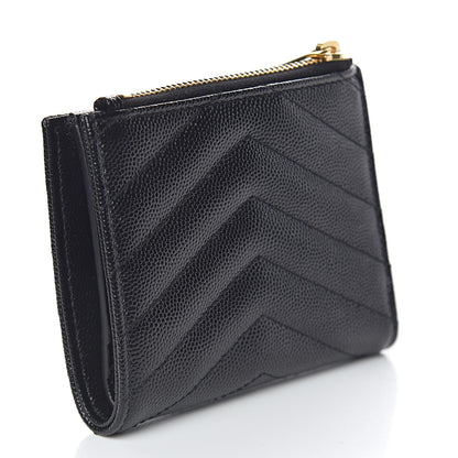 Saint Laurent Grain De Poudre Matelasse Chevron Monogram Zipped Card Case Black 3 of 8