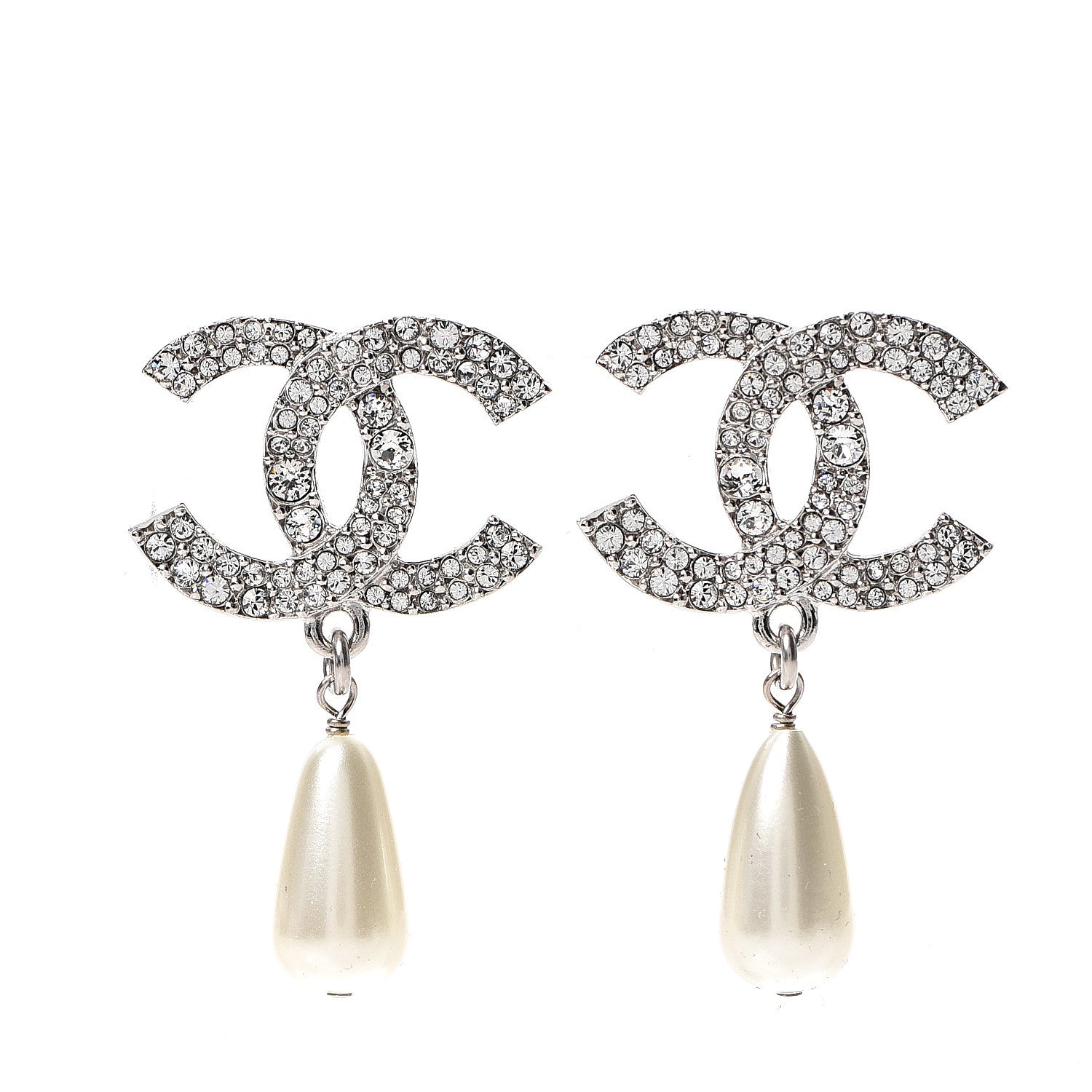 Chanel Crystal Pearl CC Drop Darling Bows Earrings Silver Pearly White 1 of 5