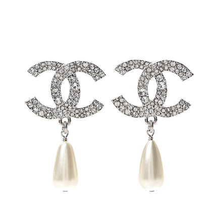 Chanel Crystal Pearl CC Drop Darling Bows Earrings Silver Pearly White 1 of 5