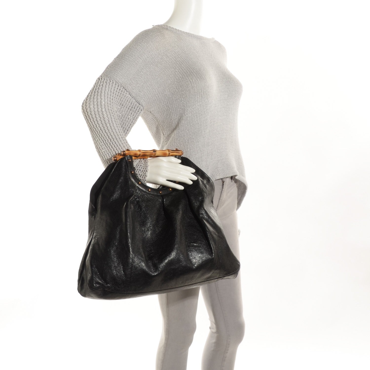 Gucci Calfskin Studded Large Bamboo Handle Tote Black 2 of 7
