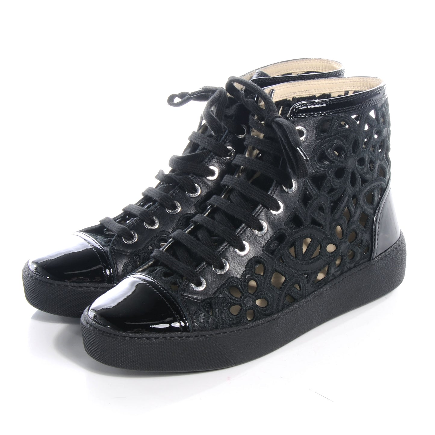 Patent Grained Goatskin Hollow Out Flower Sneakers 36.5 Black