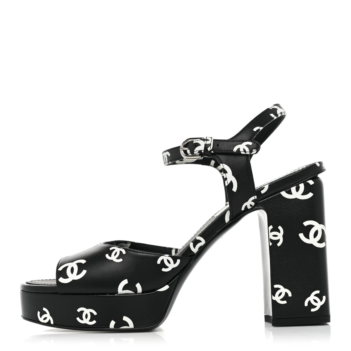 Printed Lambskin CC Platform Sandals 39 Black White