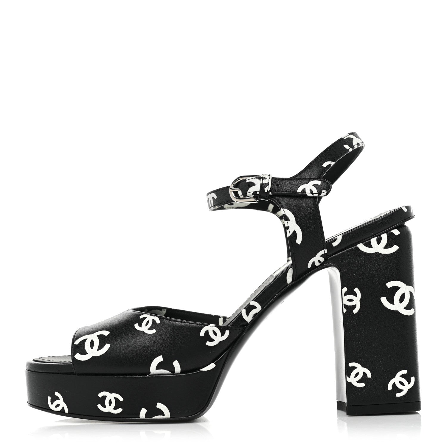 Chanel Printed Lambskin CC Platform Sandals 39 Black White 1 of 13