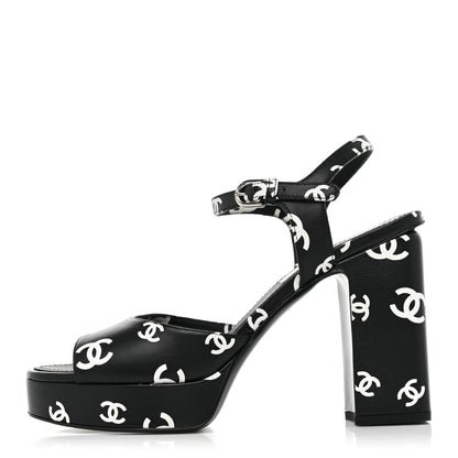Chanel Printed Lambskin CC Platform Sandals 39 Black White 1 of 13
