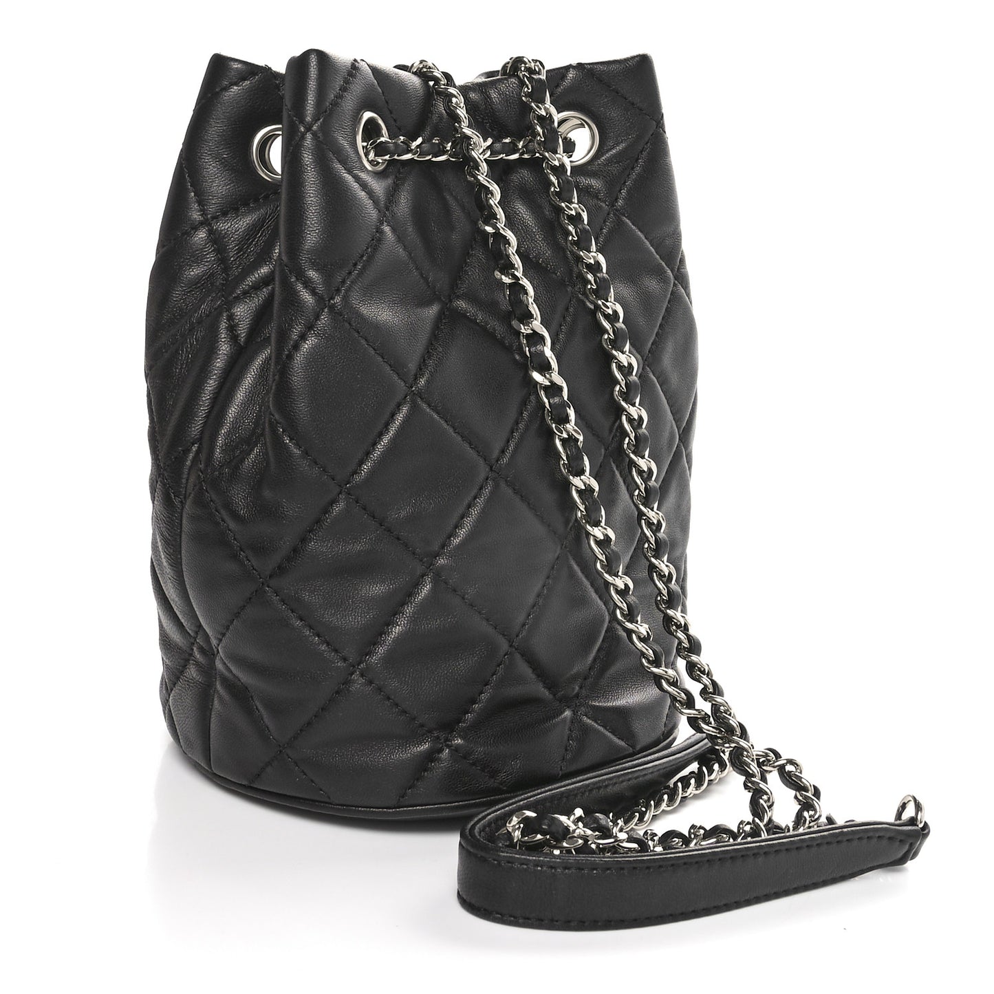 Lambskin Quilted CC Drawstring Bucket Bag Black
