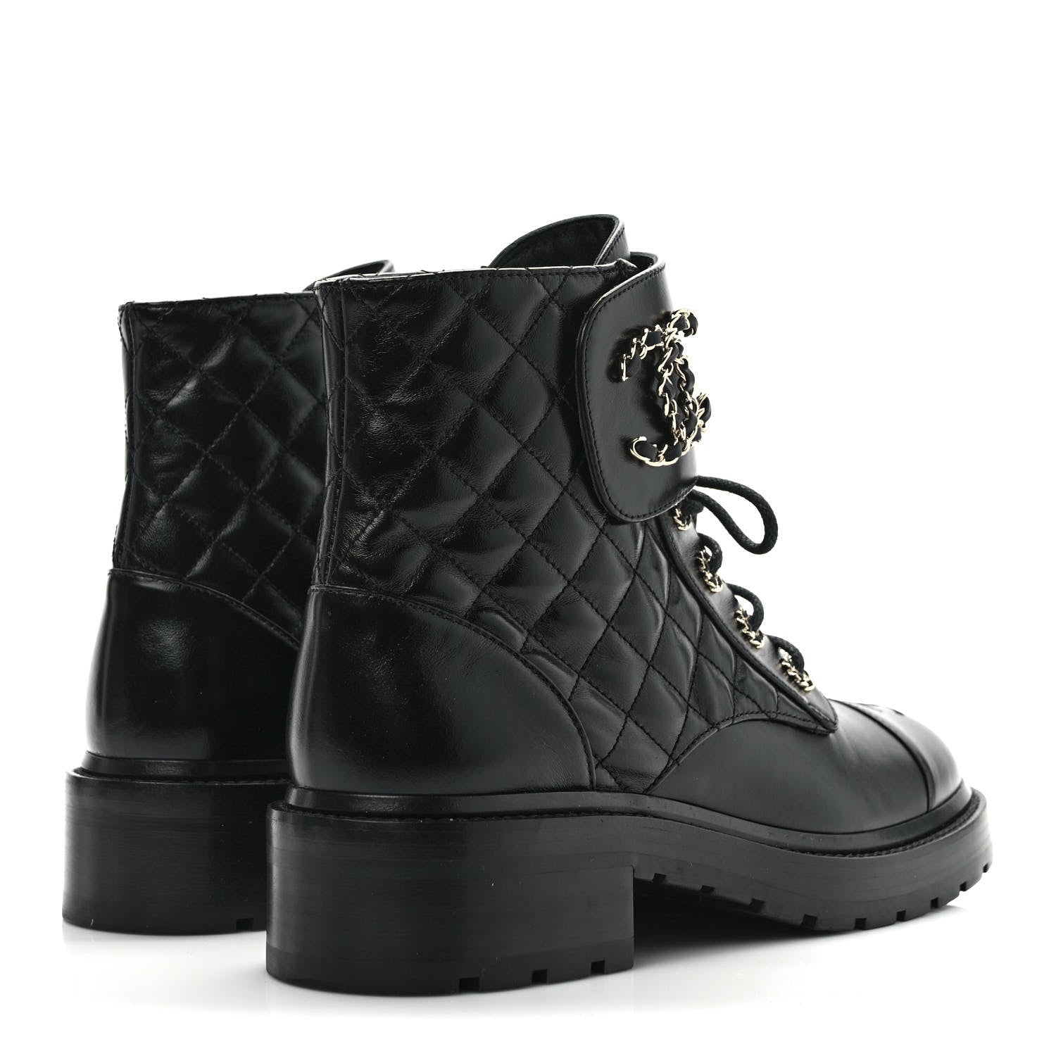 Chanel Shiny Calfskin Quilted Lace Up Combat Boots 40 Black 4 of 8