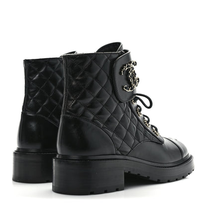 Chanel Shiny Calfskin Quilted Lace Up Combat Boots 40 Black 4 of 8
