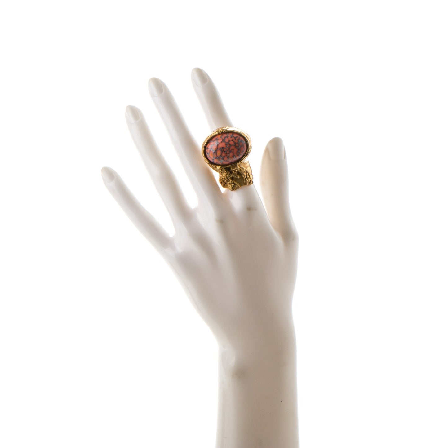 Glass Cabochon Arty Ovale Ring 6 Gold Coral