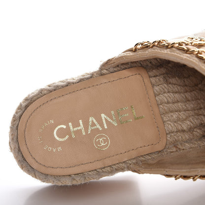 Chanel Lambskin Grosgrain Quilted CC Chain Espadrille Mules 39 Beige Black 6 of 12