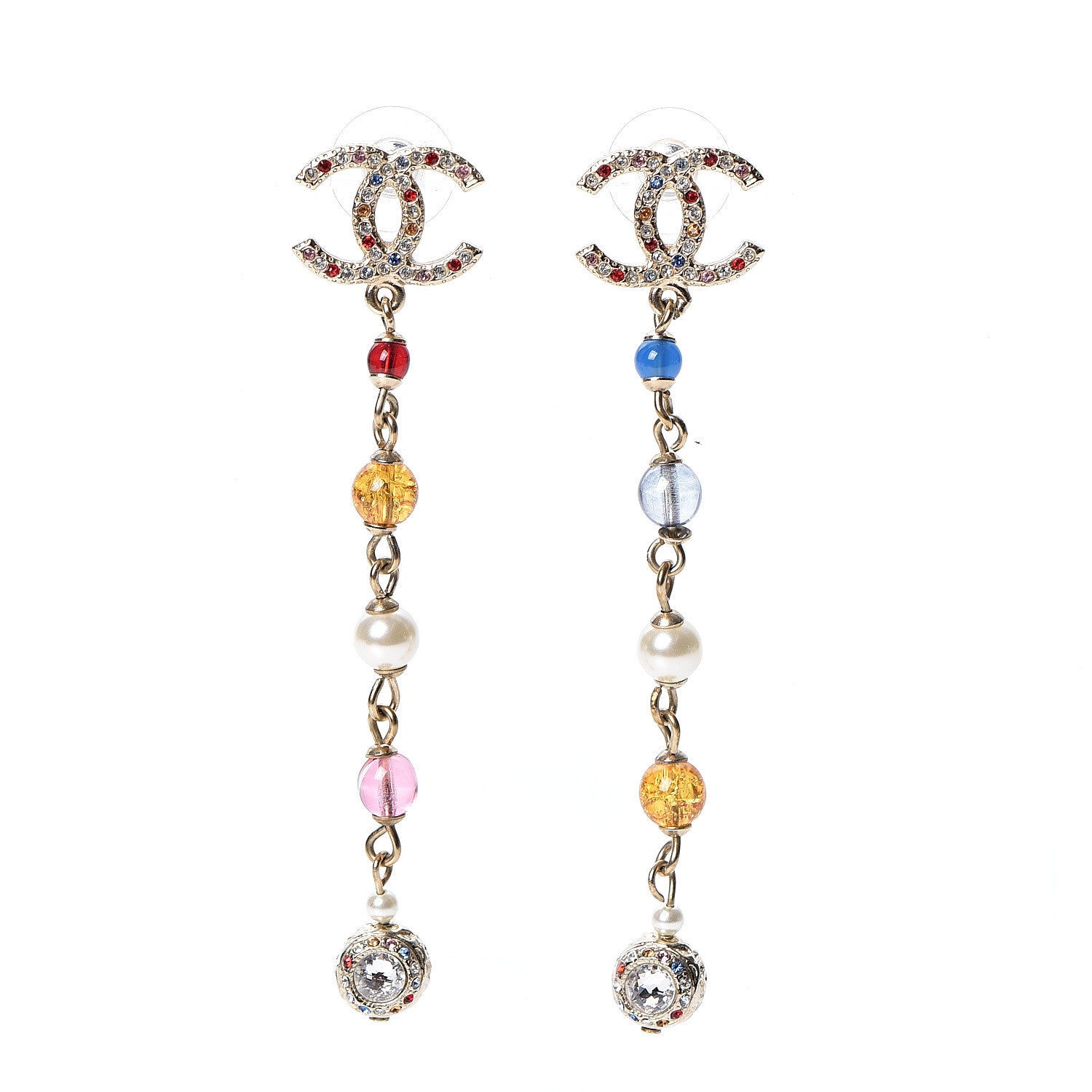 Chanel Crystal Pearl Bead CC Long Drop Earrings Multicolor 1 of 5