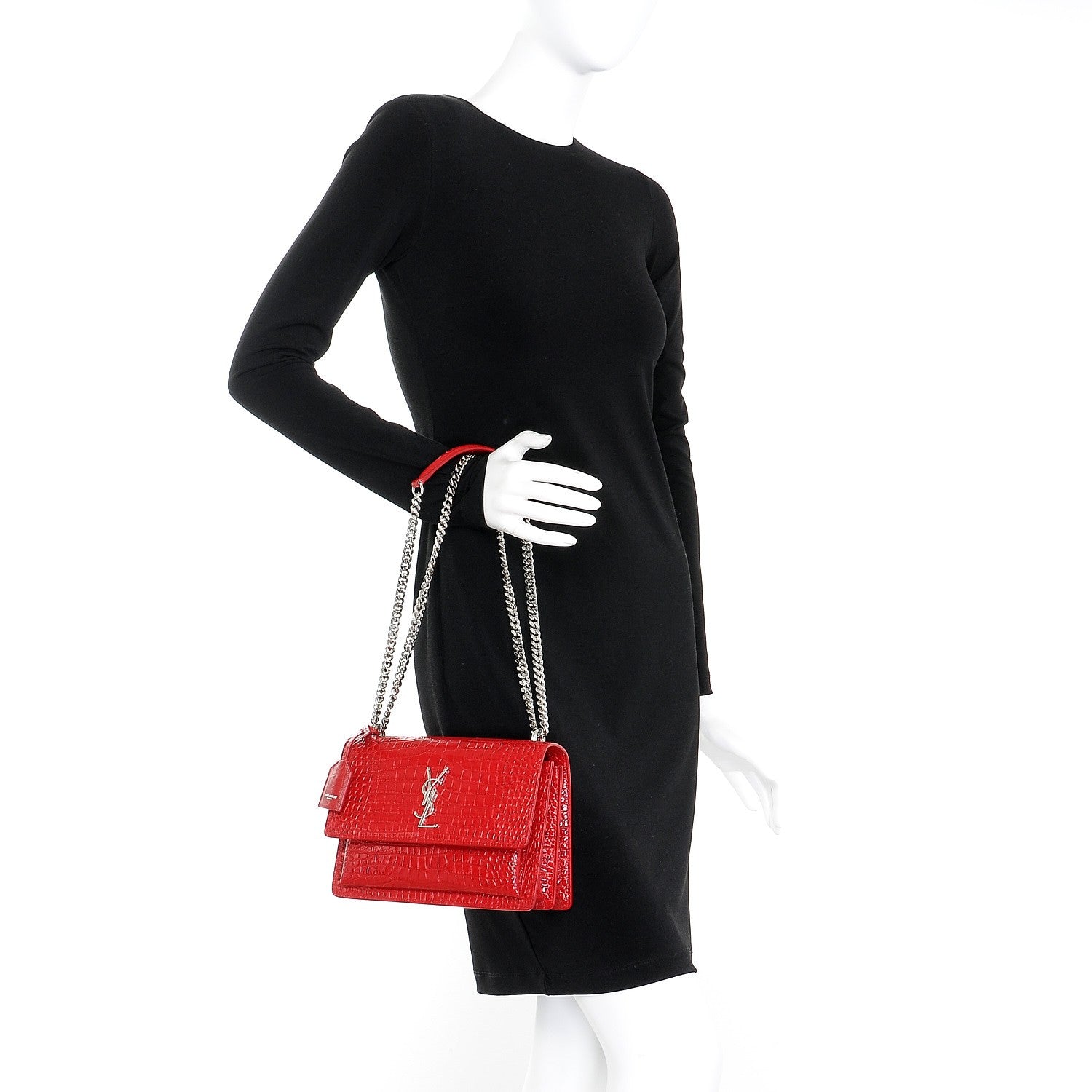 Saint Laurent Calfskin Crocodile Embossed Medium Monogram Sunset Rouge Eros 3 of 9