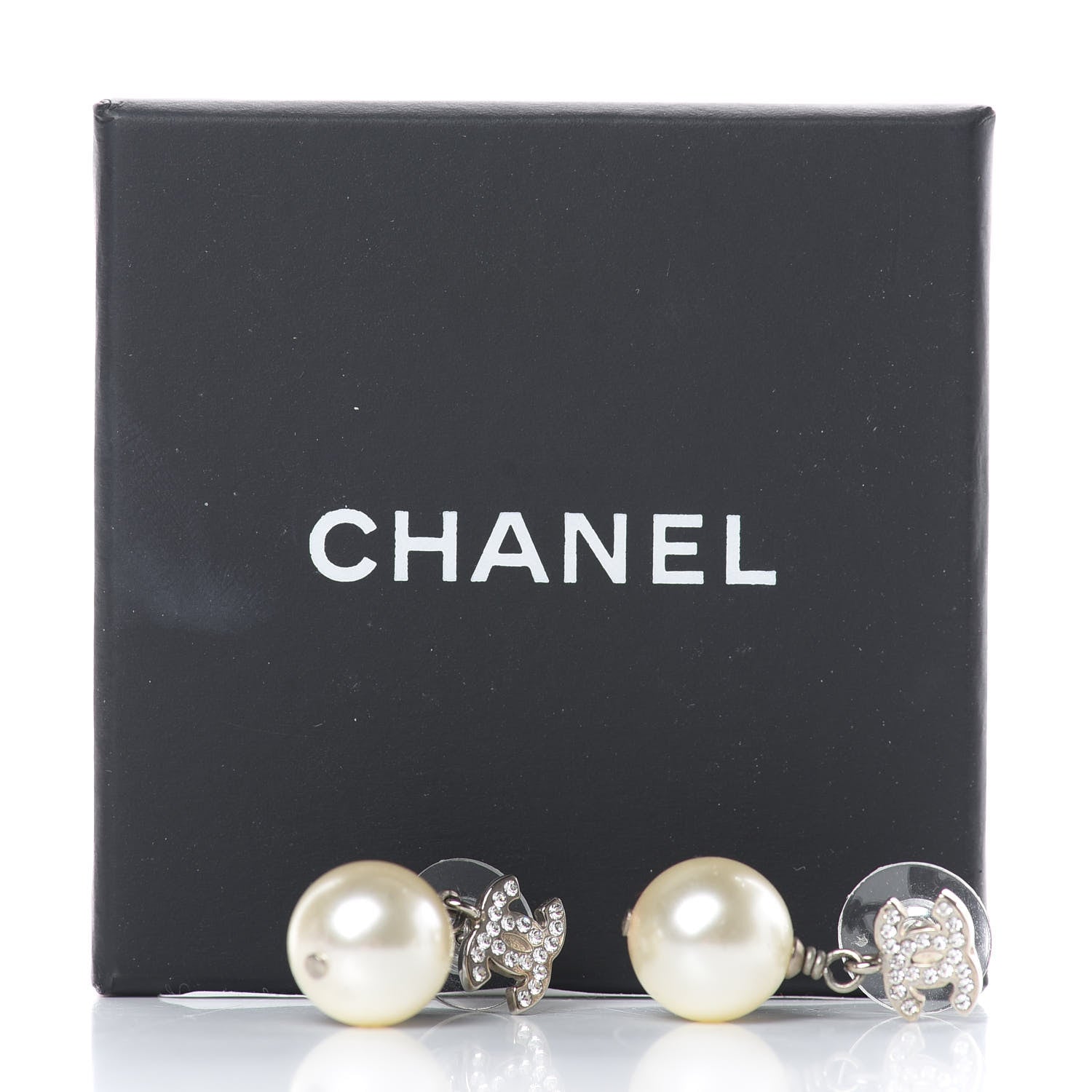 Chanel Crystal Pearl CC Drop Earrings Silver Pearly White 5 of 5