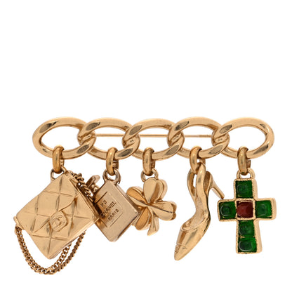 Chanel Crystal Gripoix CC Charms Chain Brooch Green Red 1 of 3