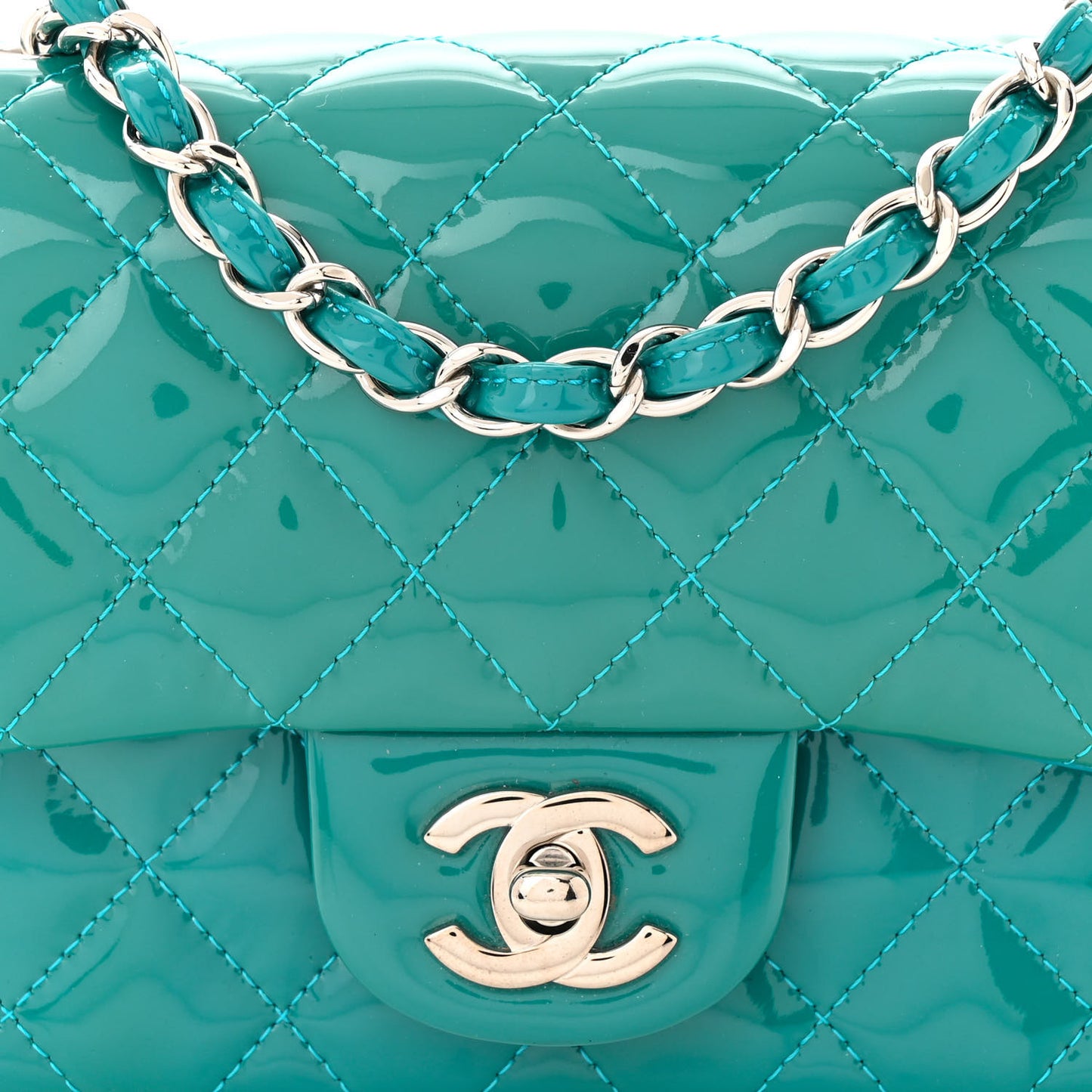 Patent Quilted Mini Square Flap Turquoise