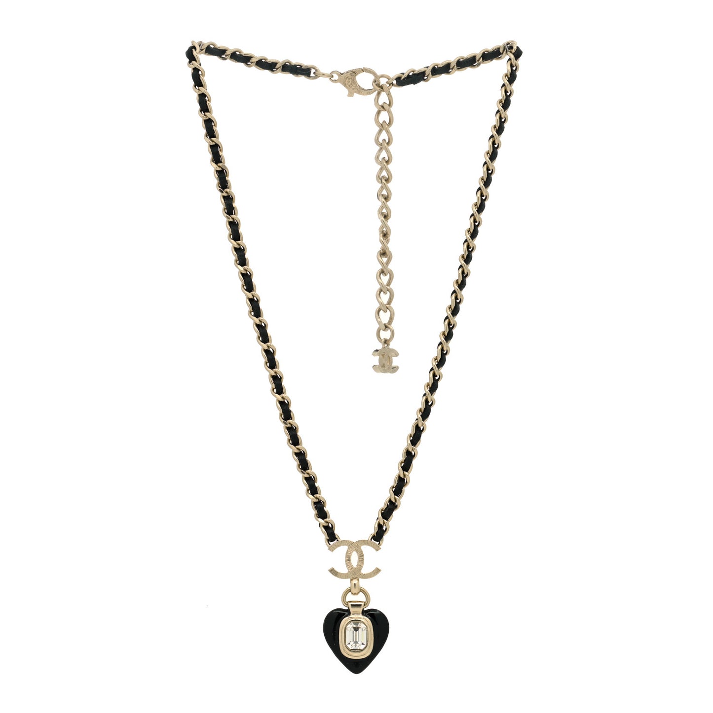 Lambskin Crystal Pearl CC Heart Drop Necklace Gold Black