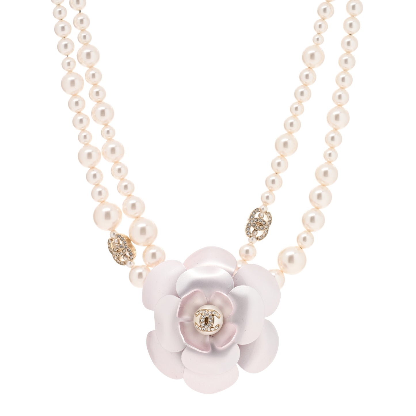 Pearl Crystal CC Camellia Necklace Gold Pale Pink White