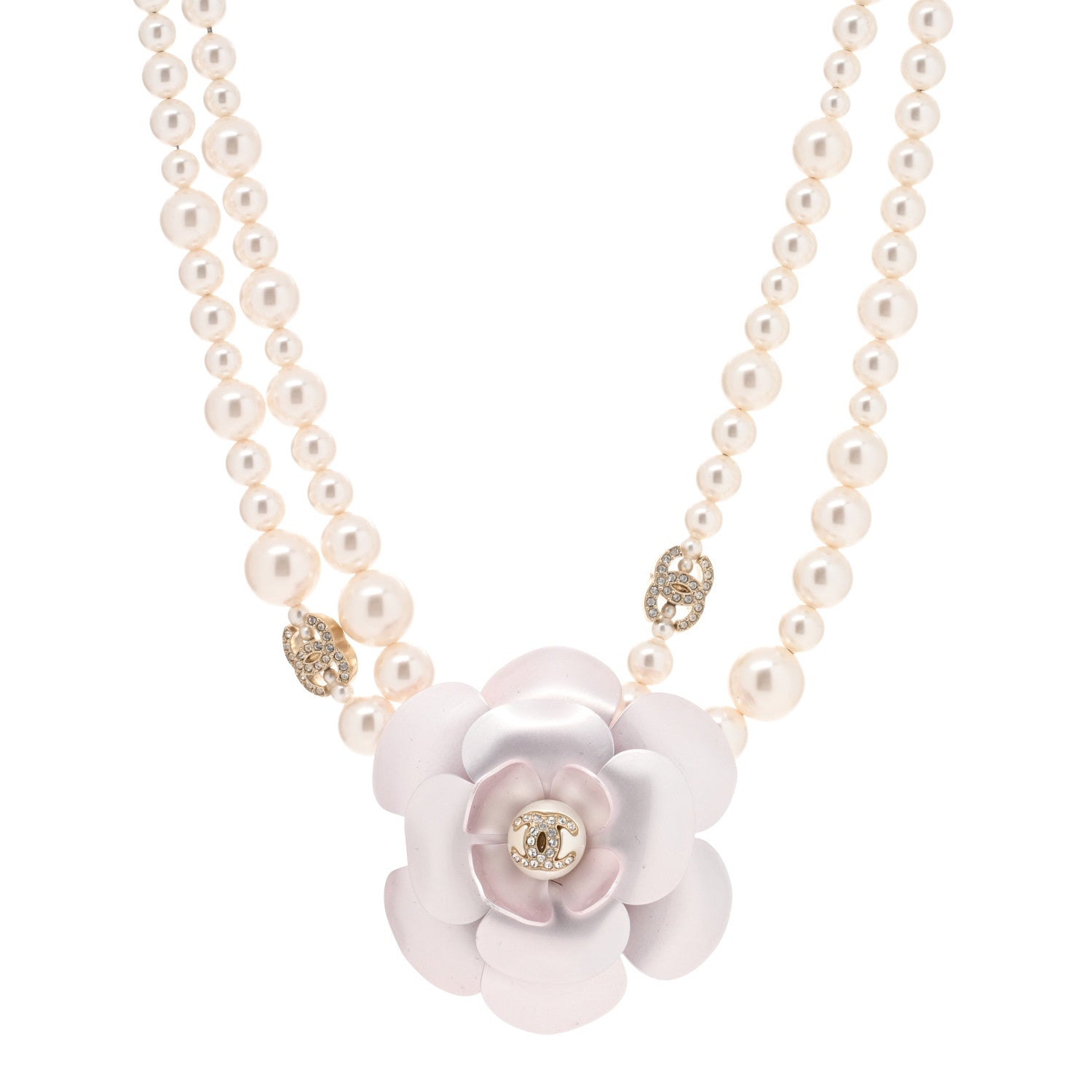 Chanel Pearl Crystal CC Camellia Necklace Gold Pale Pink White 1 of 4