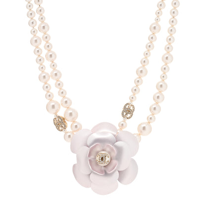 Chanel Pearl Crystal CC Camellia Necklace Gold Pale Pink White 1 of 4