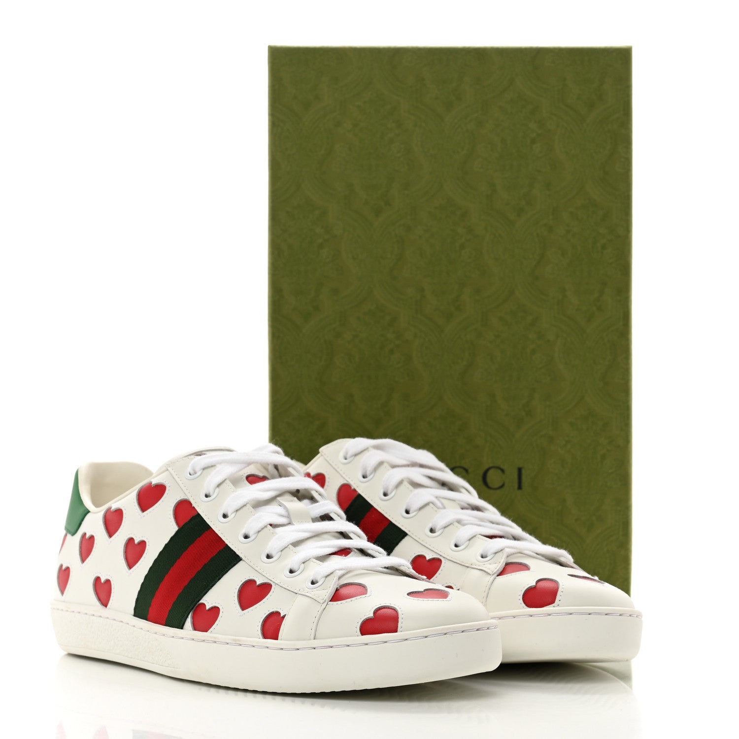 Gucci Calfskin Miro Soft Web Heart Cut Out Womens Ace Sneakers 40 White Light Hibiscus Red New Shamarock 10 of 10