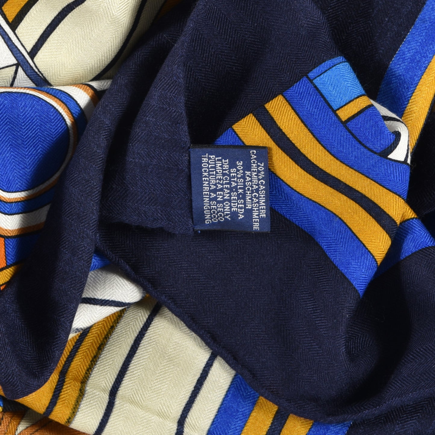 Cashmere Silk Voltes Et Pirouettes Shawl 140 Bleu Marine Gold White