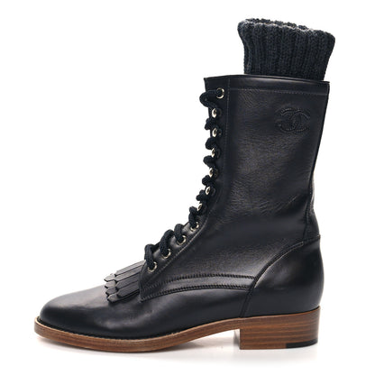 Chanel Calfskin Sock High CC Combat Boots 38 Black 1 of 7