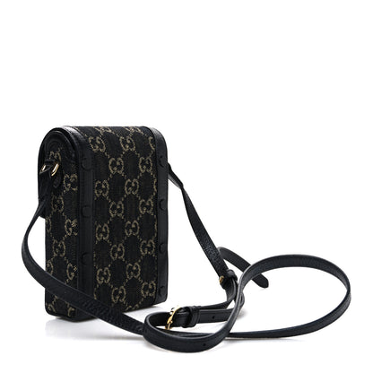 Gucci Jacquard Black Denim GG Monogram Textured Dollar Calfskin Mini Horsebit 1955 Crossbody Bag Black Ivory 2 of 10