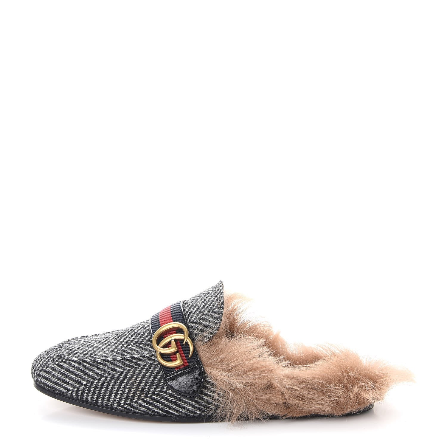 Gucci Herringbone Fur Web GG Mens Princetown Slippers 7 Black White 1 of 9