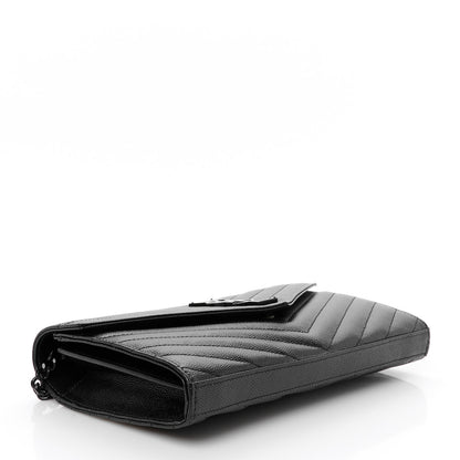 Saint Laurent Grain De Poudre Matelasse Chevron Monogram Monochrome Chain Wallet Black 4 of 9