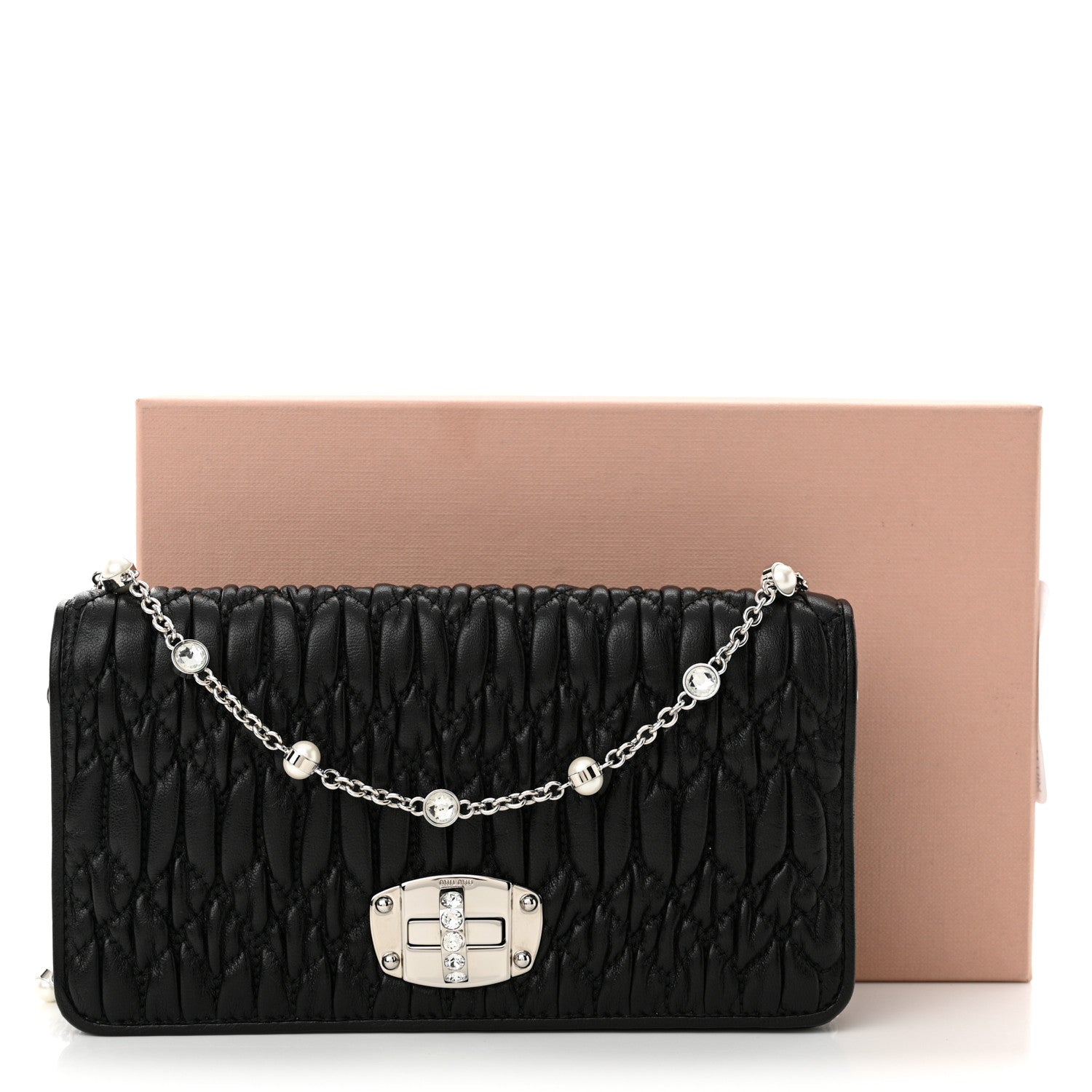 Miu Miu Nappa Matelasse Crystal Chain Wallet On Chain Black 12 of 12
