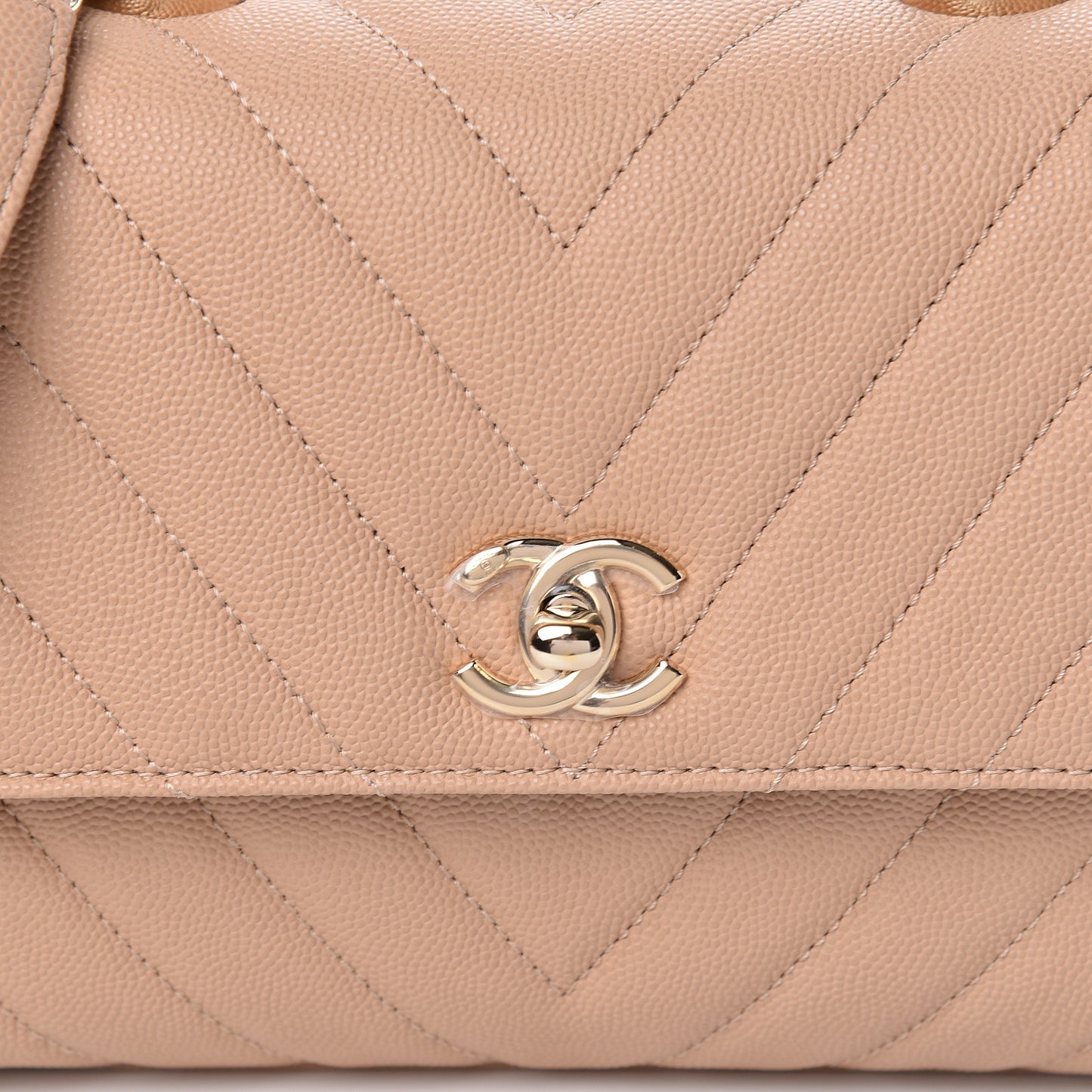 Caviar Chevron Quilted Mini Coco Handle Flap Beige