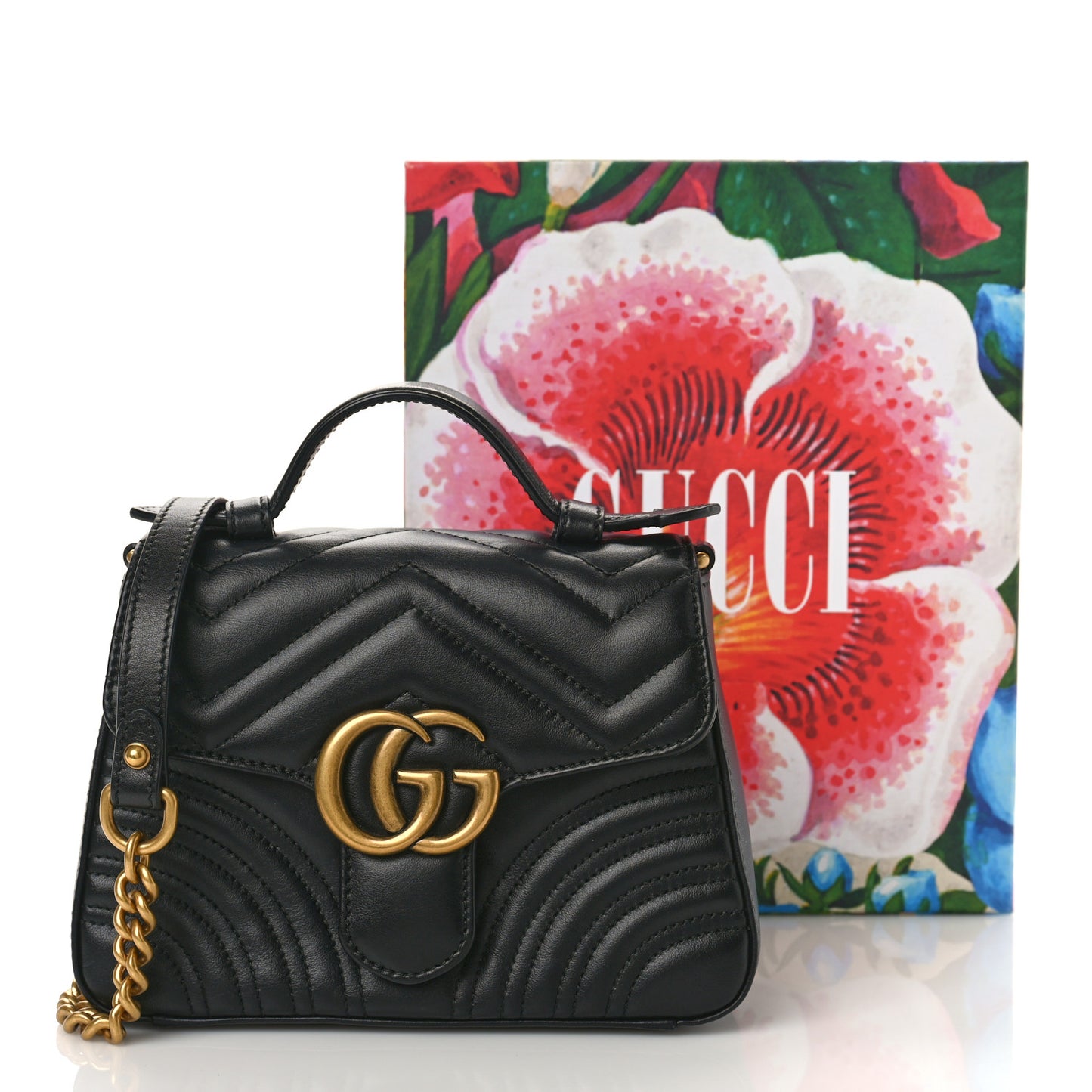 Calfskin Matelasse Mini GG Marmont Top Handle Shoulder Bag Black