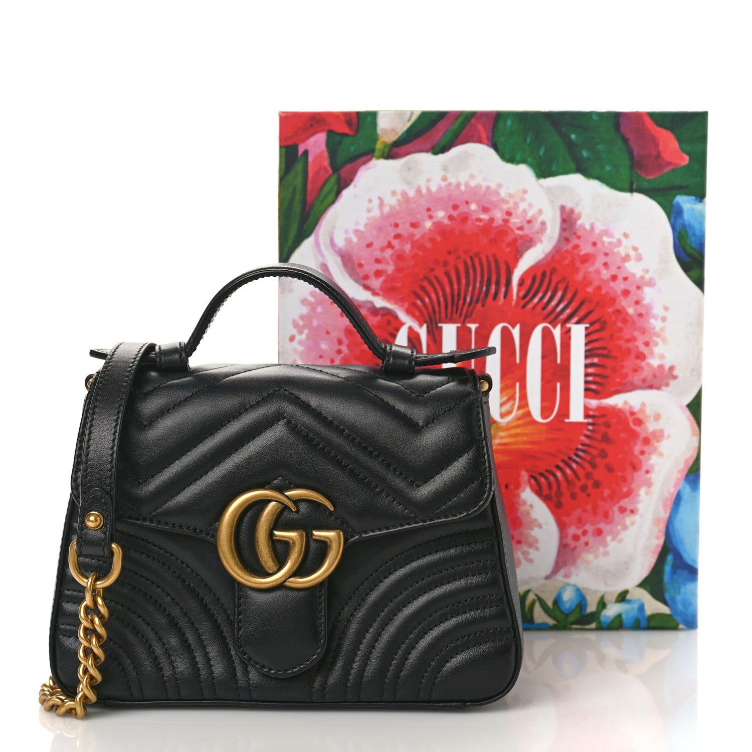 Gucci Calfskin Matelasse Mini GG Marmont Top Handle Shoulder Bag Black 10 of 10