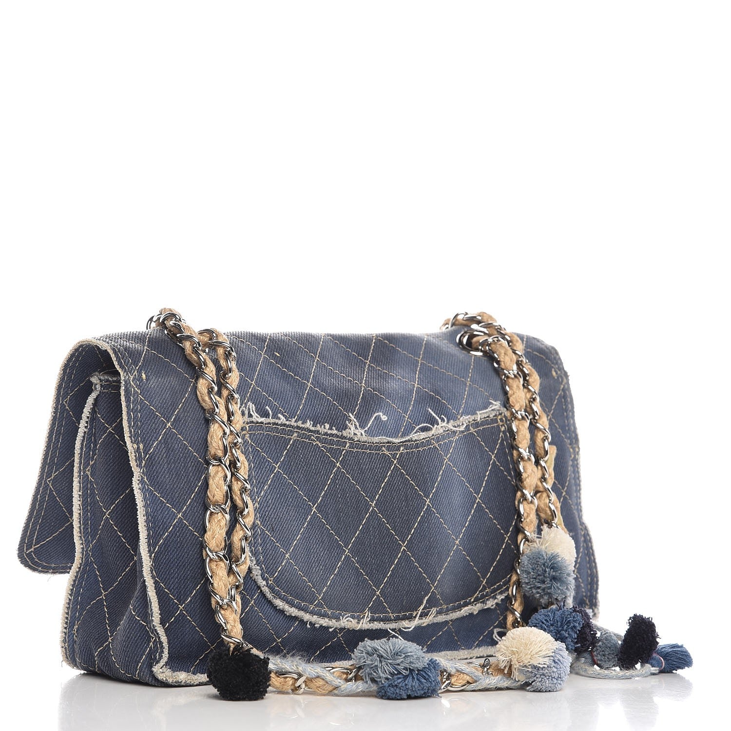 Chanel Denim Quilted Jumbo Pompom Flap Dark Blue 4 of 11