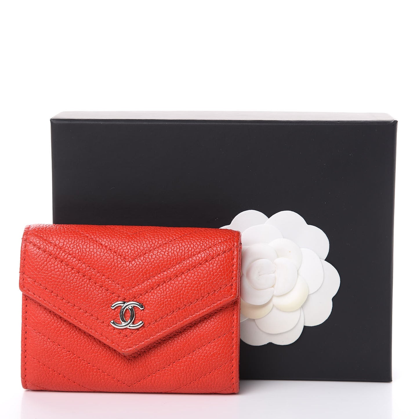 Caviar Chevron Quilted Flap Card Holder Wallet Red