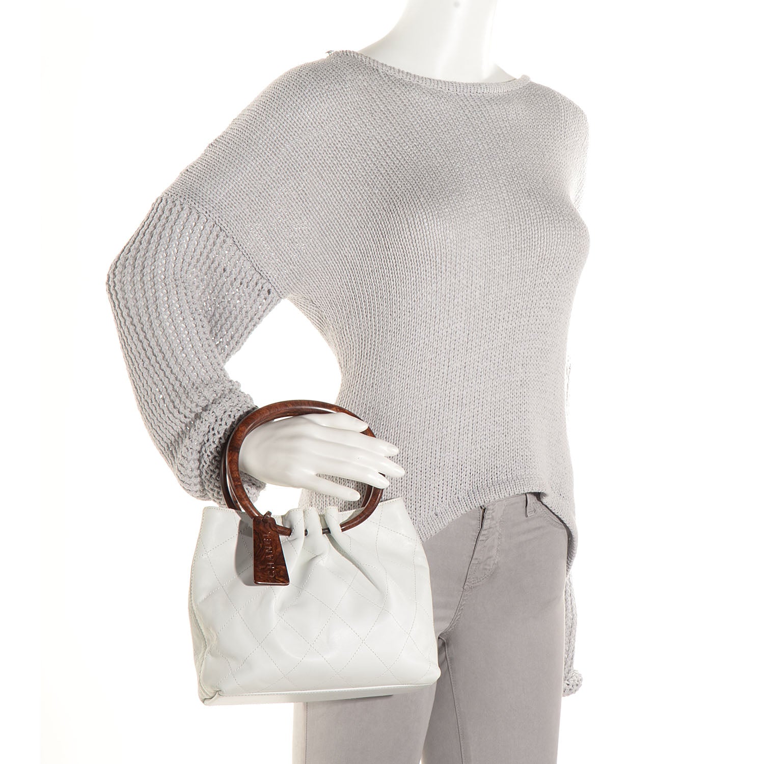 Chanel Lambskin Stitched Wood Handle Bag White 2 of 7