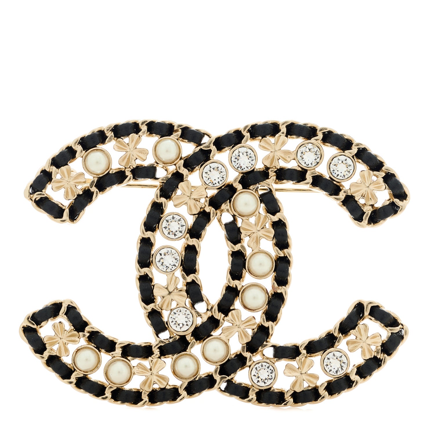 Chanel Lambskin Pearl Crystal CC Brooch Gold Black 1 of 5