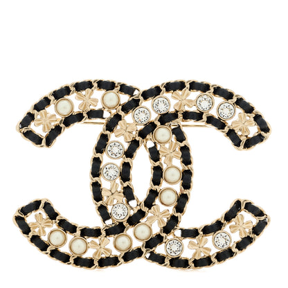 Chanel Lambskin Pearl Crystal CC Brooch Gold Black 1 of 5