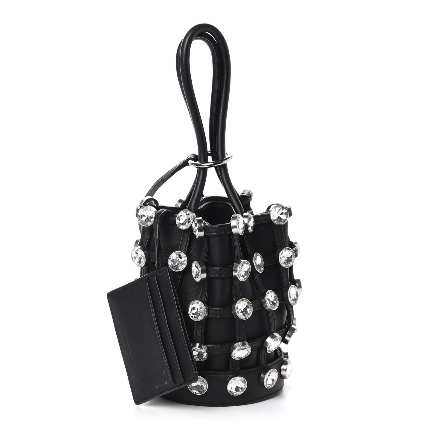 Calfskin Crystal Embellished Roxy Mini Bucket Bag Black