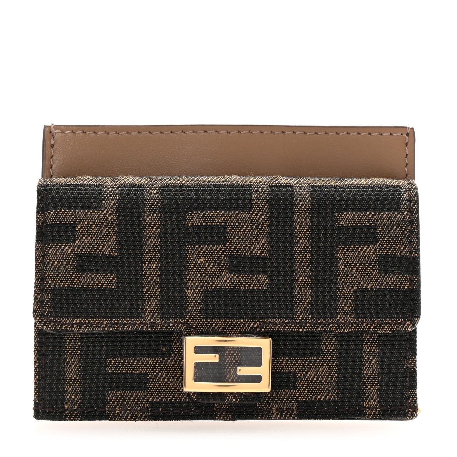 Fendi Fabric Jacquard FF 1974 Fold Over Card Holder Wallet Tobacco Moro 1 of 8