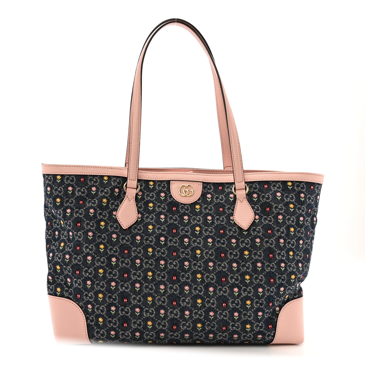 Gucci New Denim Dollar Calfskin Floral GG Monogram Medium Ophidia Shopping Tote Blue Tea Multicolor Powder Pink 1 of 13