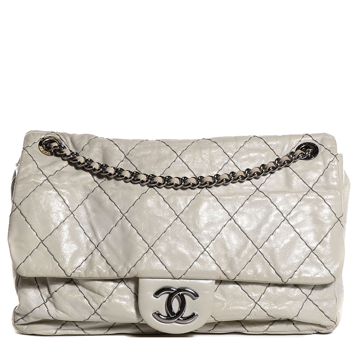 Glazed Goatskin Double Stitch Maxi Flap Light Grey