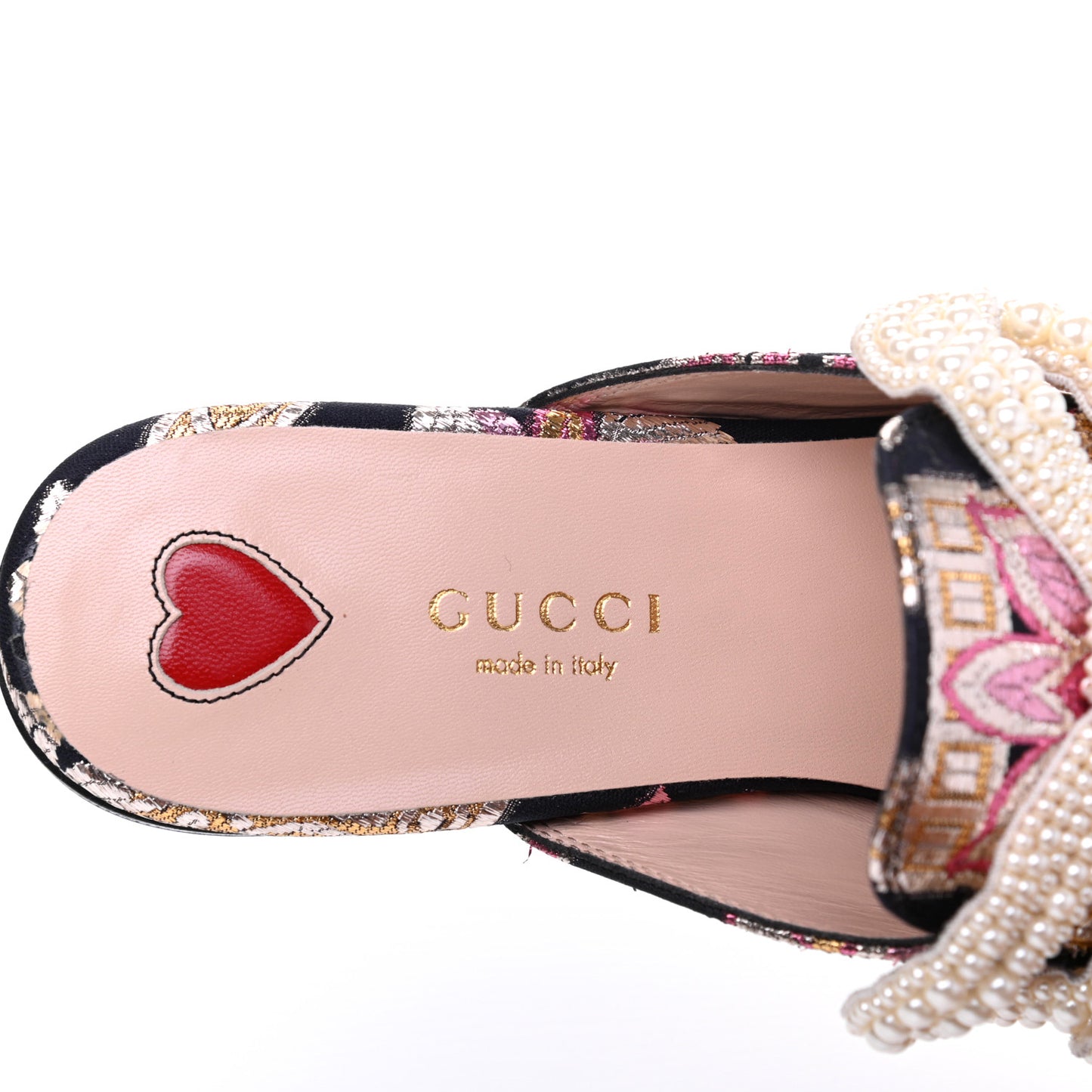 Iridescent Brocade Pearl Bow Womens Princetown Slippers 36.5 Black Pink