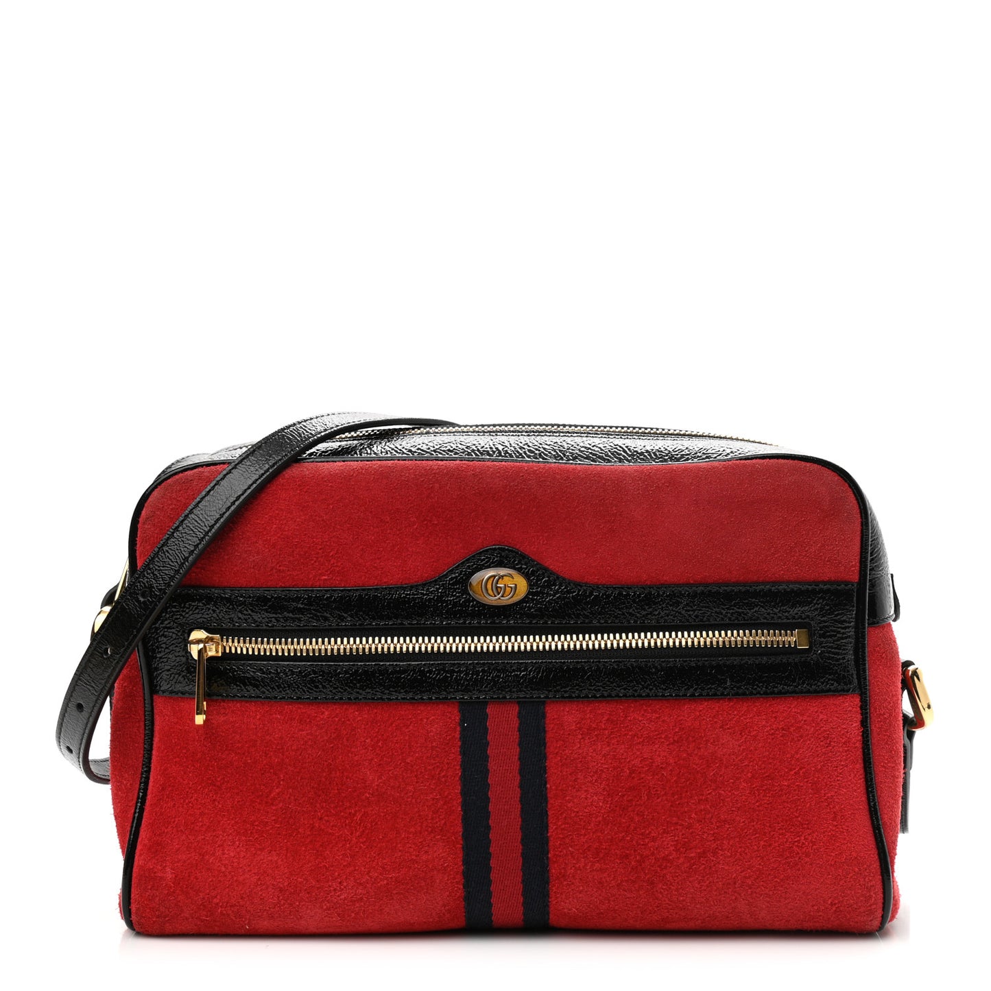 Suede Patent Web Small Ophidia Shoulder Bag Hibiscus Red Black