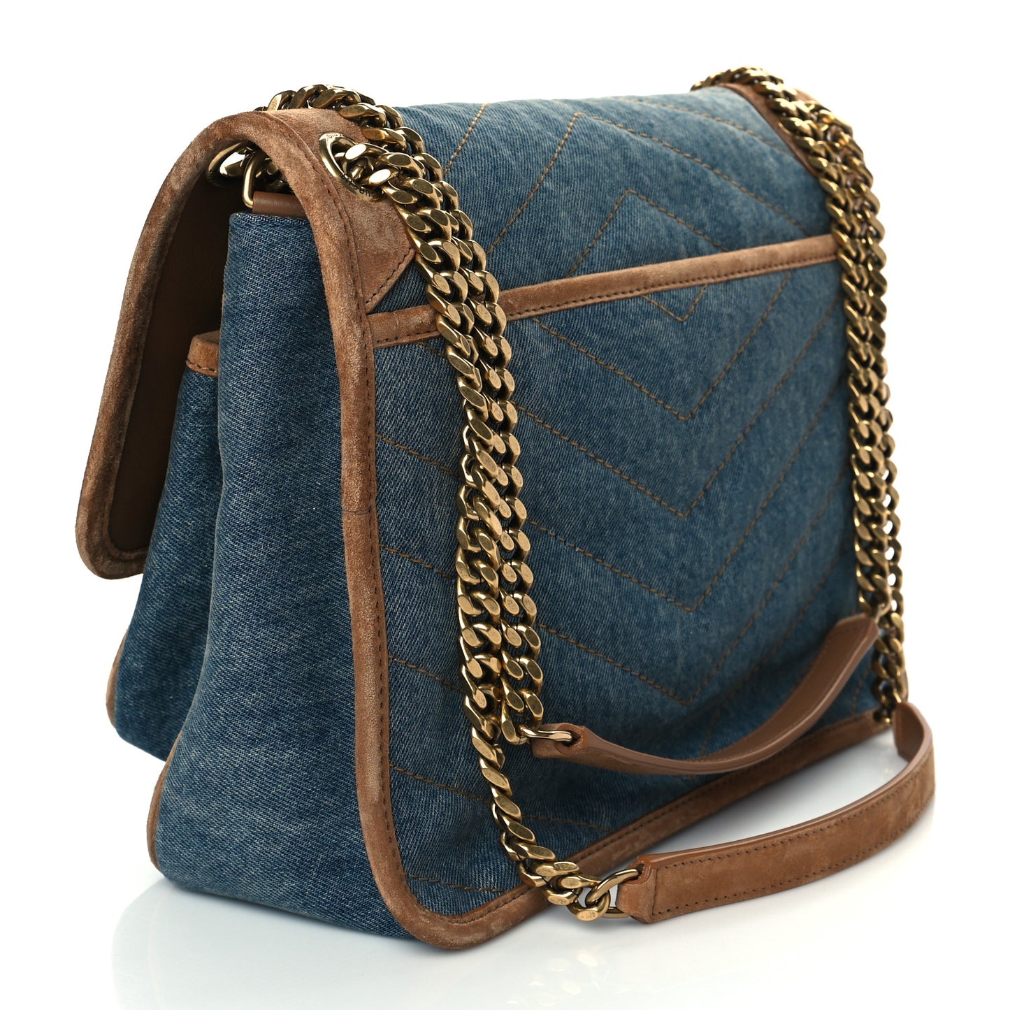 Denim Suede Monogram Medium Niki Chain Satchel Blue Cinnamon