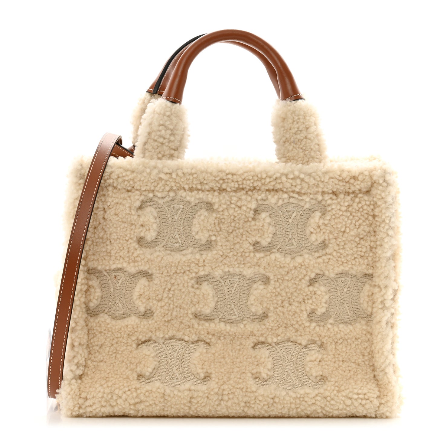 Shearling Calfskin Triomphe Small Cabas Thais Natural Tan