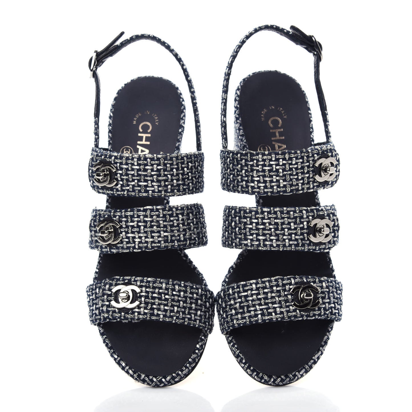 Tweed Lambskin CC Turnlock Sandals 38 Grey Silver Black