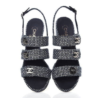 Chanel Tweed Lambskin CC Turnlock Sandals 38 Grey Silver Black 5 of 11