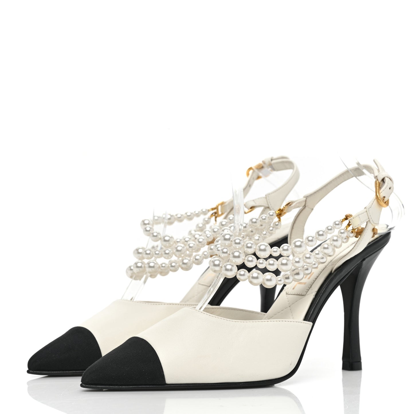 Lambskin Grosgrain Cap Toe Pearl Slingbacks Pumps 37 Ivory Black