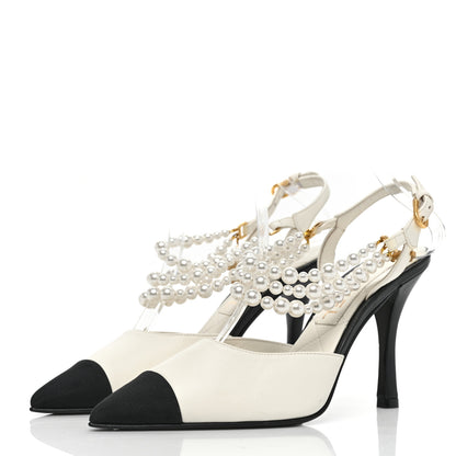 Chanel Lambskin Grosgrain Cap Toe Pearl Slingbacks Pumps 37 Ivory Black 3 of 8