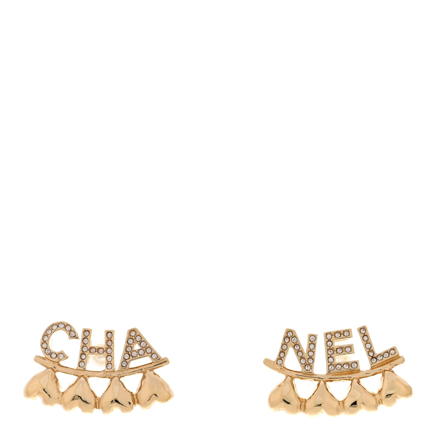 Crystal Heart Cha-Nel Logo Earrings Gold